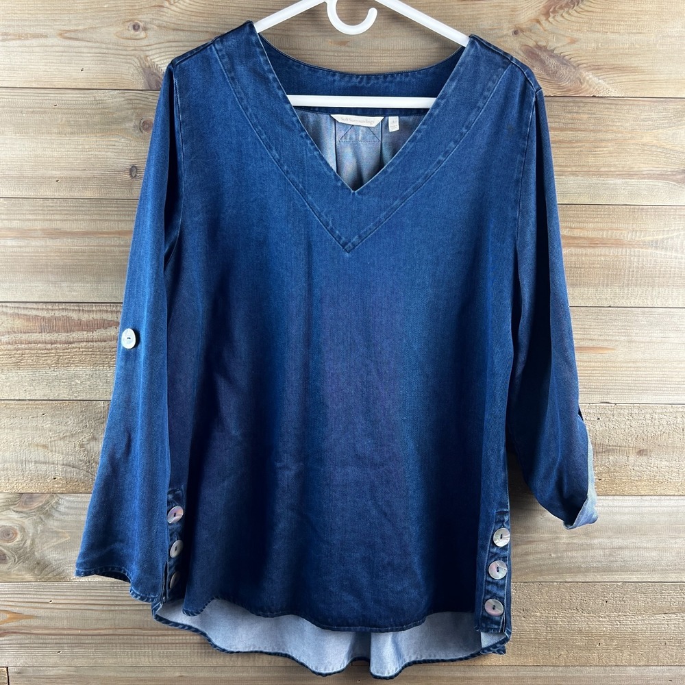 Soft Surroundings Womens‎ Shirt Roll Tab Chambray Button Detail Tencel Large